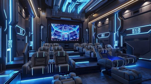 A futuristic movie theater interior with sleek seats, dynamic lighting, and a massive screen displaying a vibrant film scene.