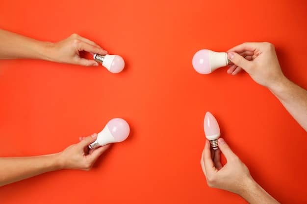 A close-up shot of a pair of hands installing an energy-efficient LED light bulb in a modern lamp, with a blurred background showing a cozy living room. The focus is on the act of conscious energy saving.