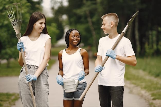 A diverse group of people participating in a community clean-up event, wearing gloves and picking up litter in a park, symbolizing collective action and advocacy for a cleaner environment.