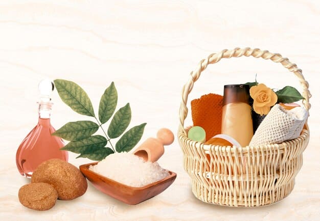 A shopping basket filled with budget-friendly spa items like a small candle, essential oil, a bag of Epsom salts, a natural sponge, and a fruit for a DIY mask, showing smart shopping for rejuvenation.