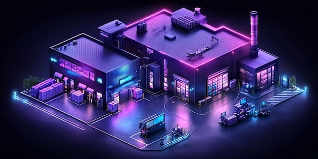 A depiction of a smart factory floor, with robots and IoT devices connected by glowing 5G network lines, illustrating industrial applications of network slicing.