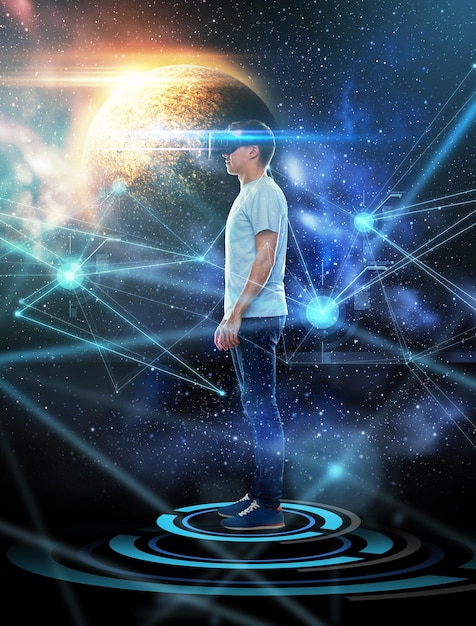 A person wearing a VR headset, immersed in a futuristic virtual environment, with glowing digital lines emanating from the headset, symbolizing advanced network connectivity and immersive experiences.