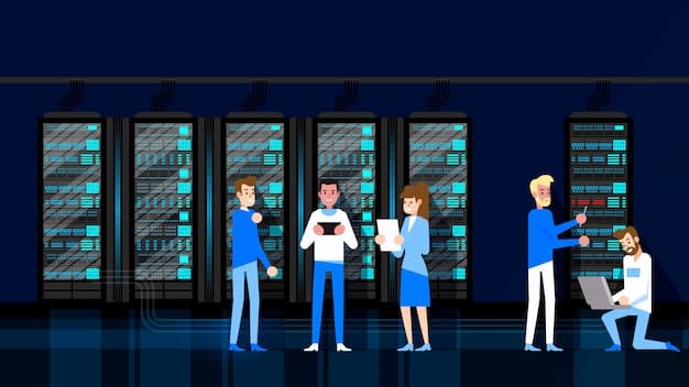 Network engineers collaborating in a modern data center, surrounded by glowing servers and digital interfaces, illustrating the complex management and orchestration required for 5G network slicing.