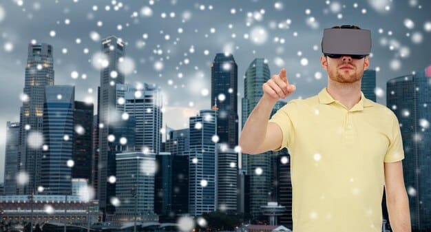 A person wearing a VR headset interacting with virtual objects superimposed on a cityscape, connected via an invisible, glowing 5G network slice symbol.